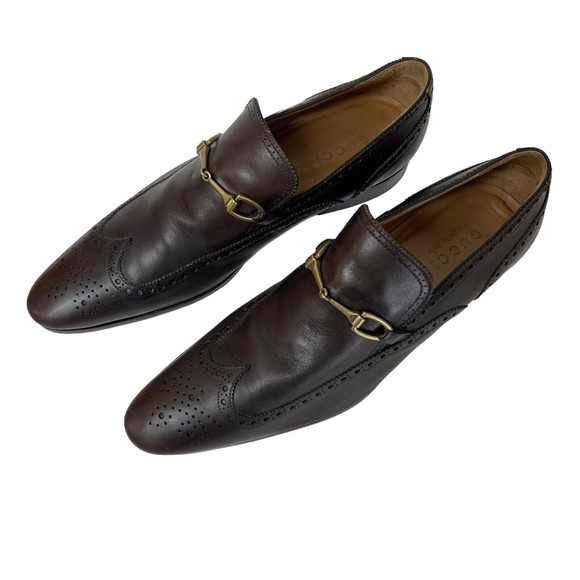 Gucci Men Shoes Brown Leather Sz 8.5 Loafer Slip On Horsebit Wingtip Italy - Picture 8 of 12
